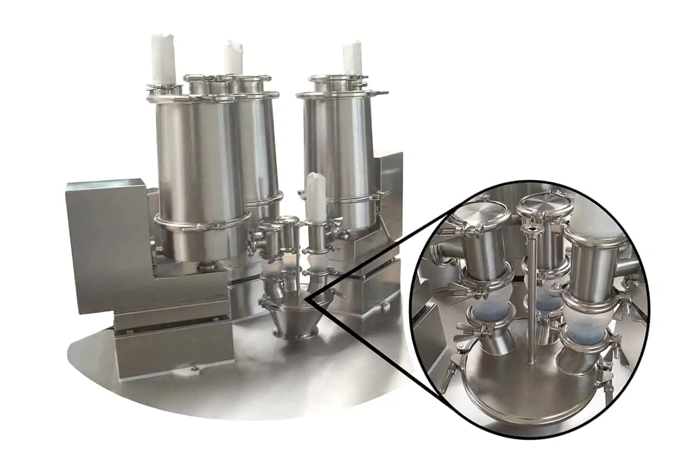 Modular multi-dosing system with up to eight gravimetric loss-in-weight units for pharmaceutical solid dosage production