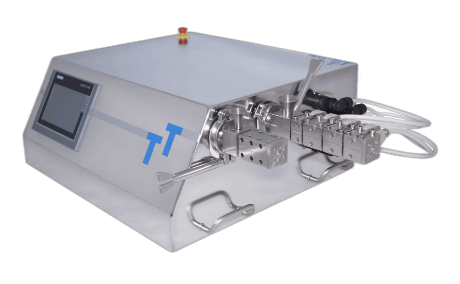 Three-Tec Hybrid Micro Compounder showing the interchangeable barrel system — 5, 9, and 12 mm twin-screw barrels mount on a single frame