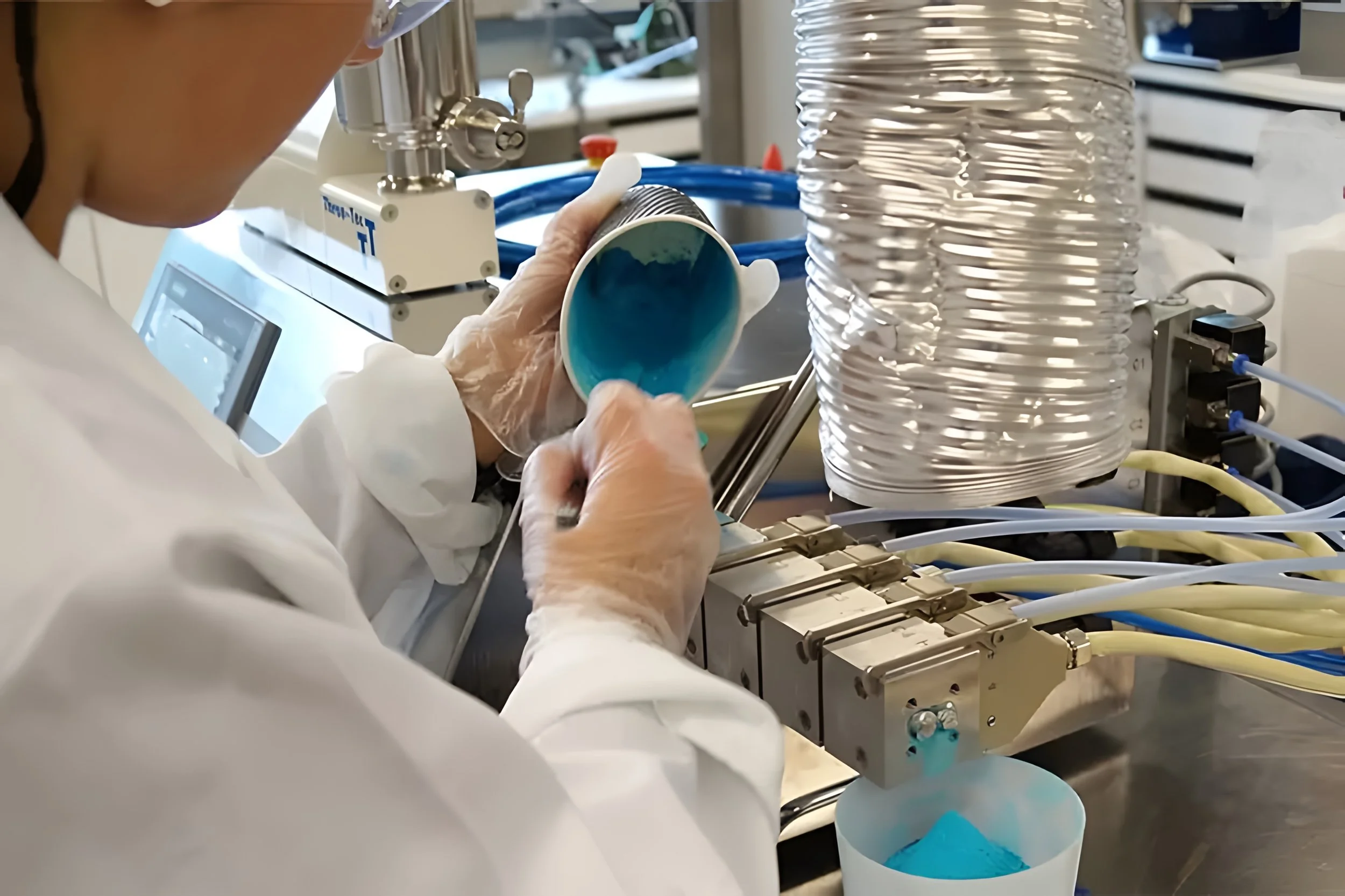 Three-Tec micro extrusion test lab at Xceptional Instruments, Piscataway NJ — ZE-series extruder with Siemens PLC control panel during a formulation trial