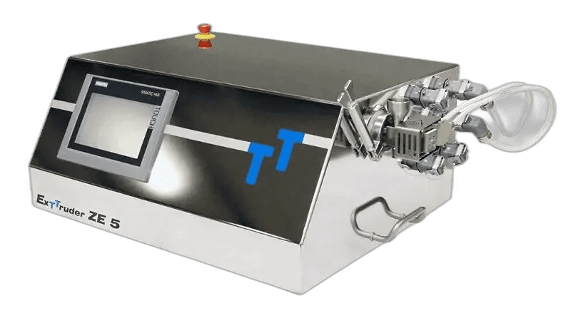 Three-Tec ZE5 HMI micro extruder — the smallest 5 mm twin-screw extruder, shown with Siemens touchscreen control panel