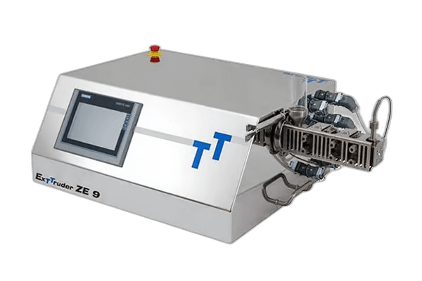Three-Tec ZE9 micro extruder — 9 mm co-rotating twin-screw system with Siemens PLC and stainless steel barrel